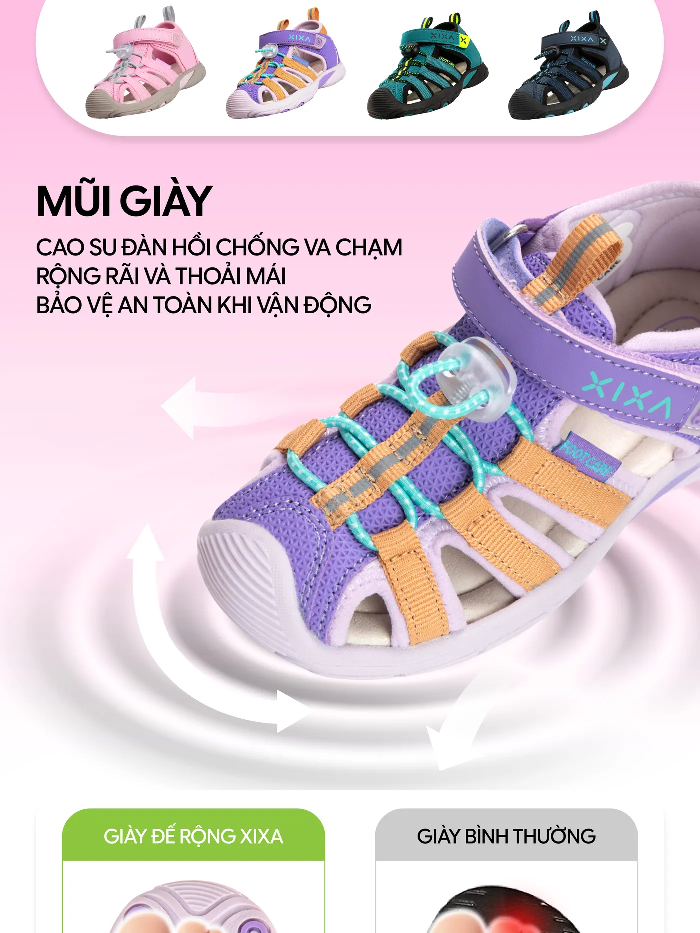 Mũi giày cao su đàn hồi chống va chạm, bảo vệ mũi và bàn chân bé