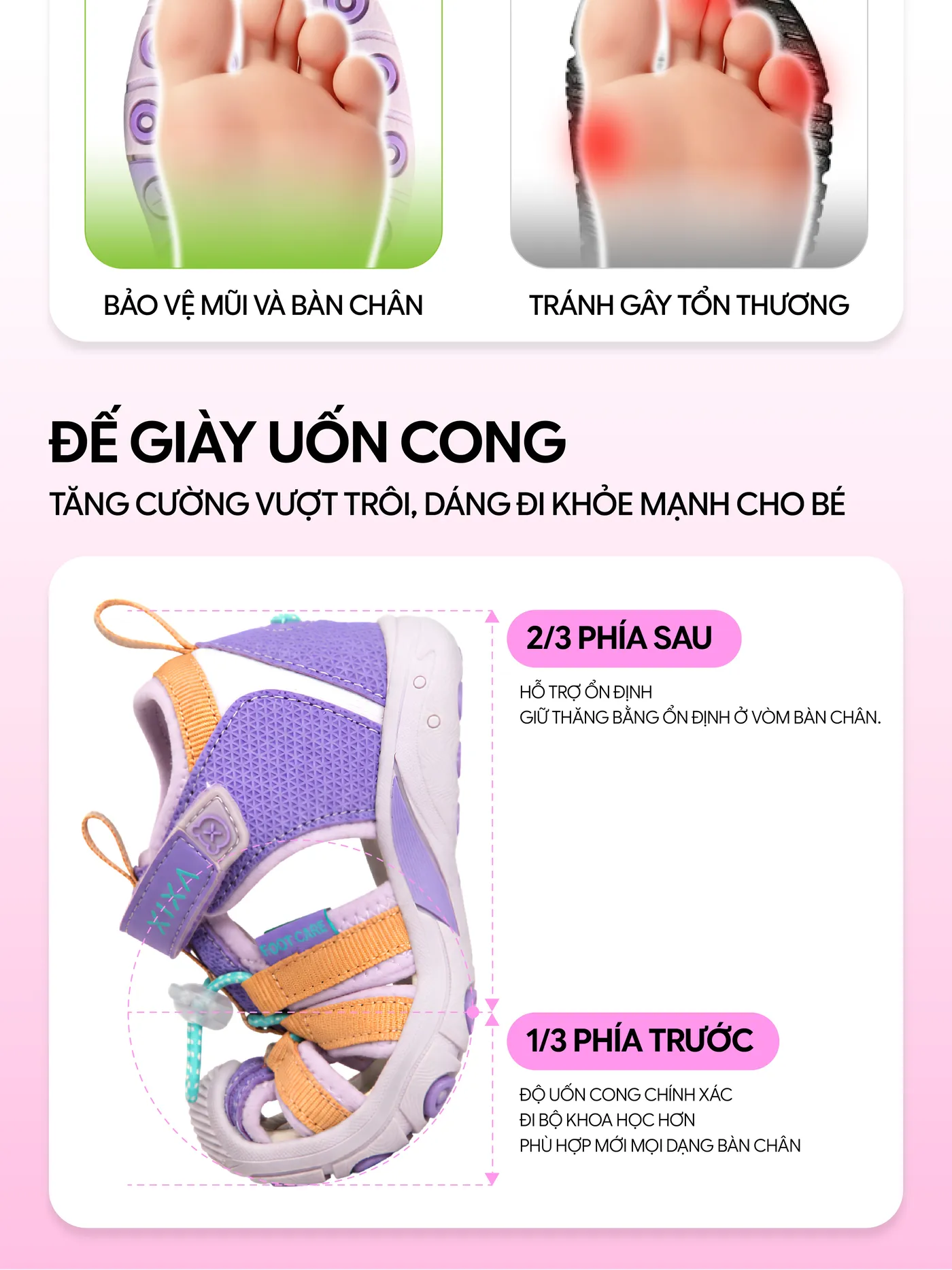 Đế giày uốn cong 2/3 phía sau và 1/3 phía trước theo dáng đi của bé
