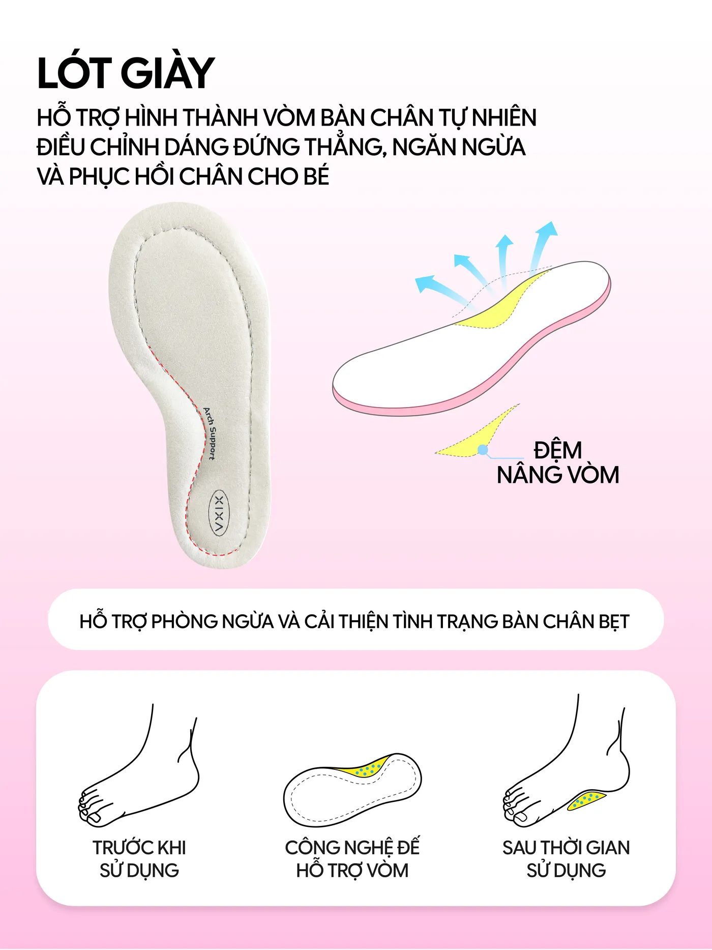 Lót giày có đệm nâng vòm, hỗ trợ phòng ngừa và cải thiện bàn chân bẹt
