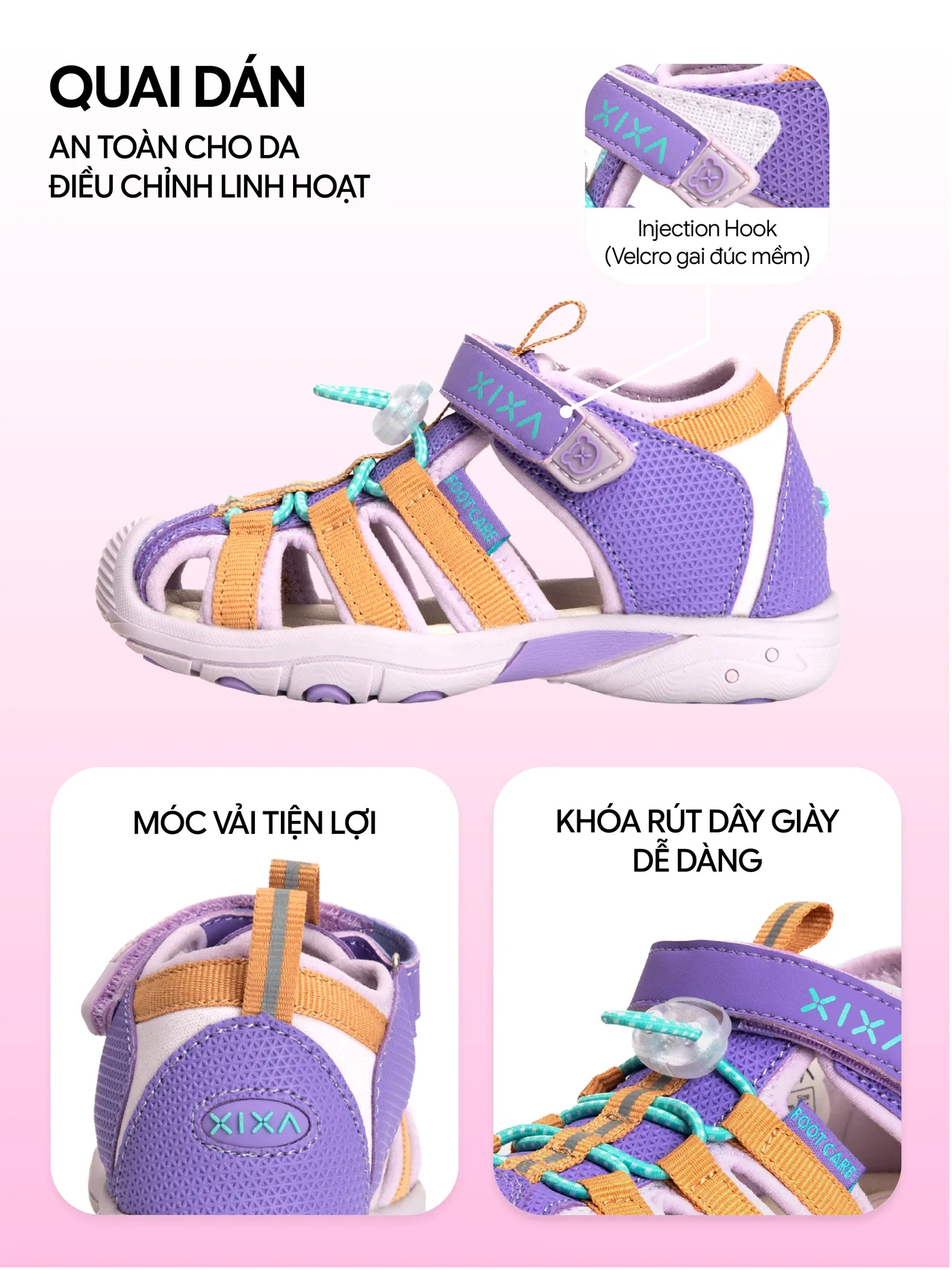 Quai dán Velcro an toàn cho da, có móc vải và khoá rút dây tiện lợi